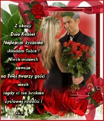 Mężczyzna przychodzi z bukietem róż i życzeniami do ukochanej